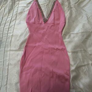 Fashion Nova Pink Strapless V-Neck Embellished Bodycon Dress